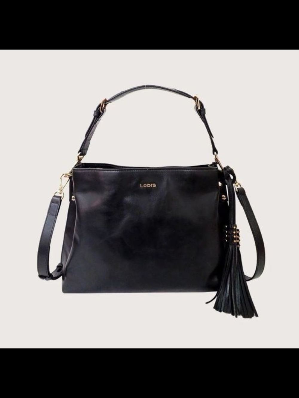 Lodis Darcy Black Glazed Leather Shoulder Crossbody Bag with Tassels